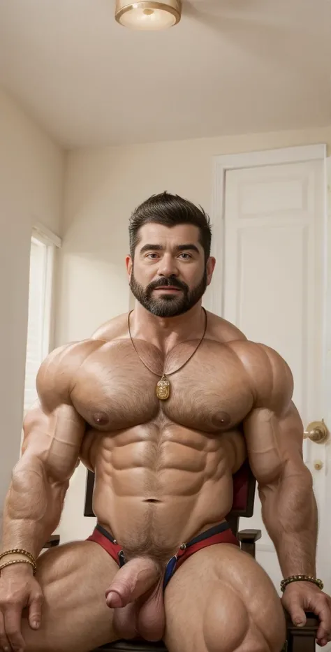 (masterpiece, intricately detailed, highest resolution, best quality:1.2),a cocky Billy Mays, a 80 y.o muscle dad with a muscular physique sitting on a chair with black eyes,dark-skinned male, huge beard, mutton- chops, wearing chest harness, bracelets, ne...