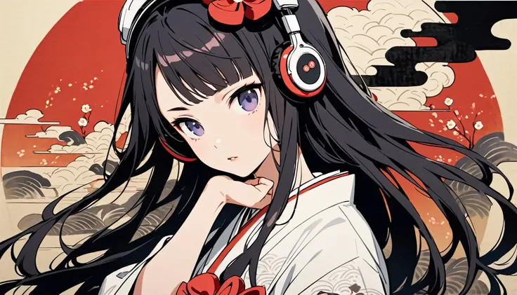 Highest quality, Katsushika Hokusai, Ink Painting, (((longhair))), (((White kimono))), Japanese style headphones, camellia, beautiful girl, Black Hair, Delicate and precise, Modern ukiyo-e style,