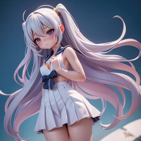 One girl, Long Hair, barefoot, 1 Mini Giantess Mini Giantess (feminine, Losing weight, sexy, Torn clothes, Sweat), (Medium Chest: 1.5) Looking down, Dynamic pose,   Sailor suit、Long skirt, Anxious face (Highly refined skin),  Detailed face, 8K Ultra HD, So...