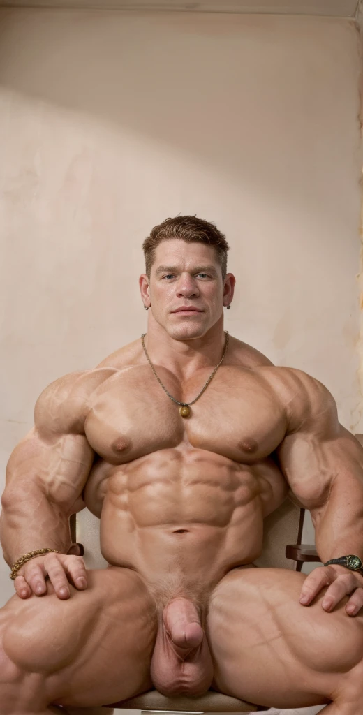 (masterpiece, intricately detailed, highest resolution, best quality:1.2),a cocky John Cena men, a 30 y.o muscle dad with a muscular physique sitting on a chair with black eyes,dark-skinned male, wearing chest harness, bracelets, necklace, jewelry, flaccid...