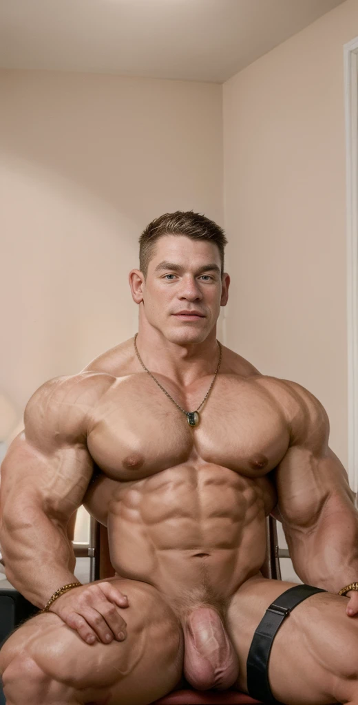 (masterpiece, intricately detailed, highest resolution, best quality:1.2),a cocky John Cena men, a 30 y.o muscle dad with a muscular physique sitting on a chair with black eyes,dark-skinned male, wearing chest harness, bracelets, necklace, jewelry, flaccid...