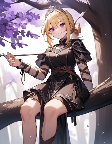 Photo of woman, hair blonde, longye hair, tied up hair, tiara on head, violet eyes, knight outfit, bow and arrow in hand, Black clothing with white details, HD, garota jovem, neckleace, Grinning, Sitting in a tree.