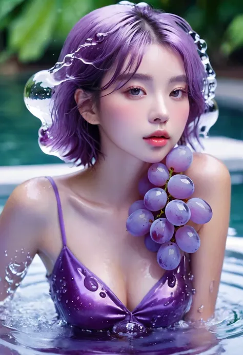 Summer Purple Grape Girl，Dopamine teenage， Cool summer days，Ice cubes，The watery girl，Delicate skin，Hydration，Shiny，Shiny，dream，Front view，bust，pearl，Purple grape fruit