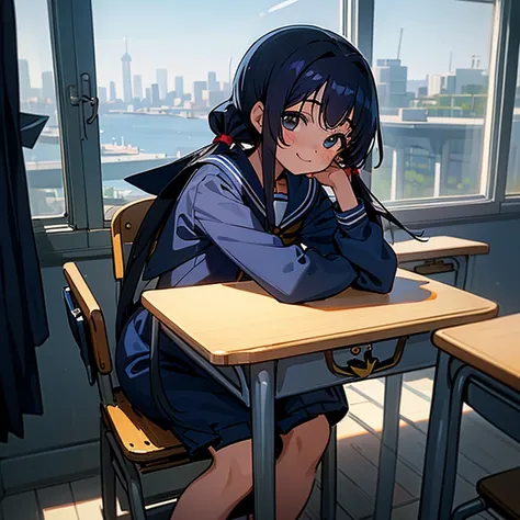 Highest quality, Very detailed, masterpiece, One Girl, sit in a chair in the classroom, talk, Smile, 15yo, (low twintails:1.2), Pigtails, Black Hair, Long Hair, (Navy blue sailor suit:1.4), Blue ribbon, Long sleeve, School desk, School Chair, Evening Class...