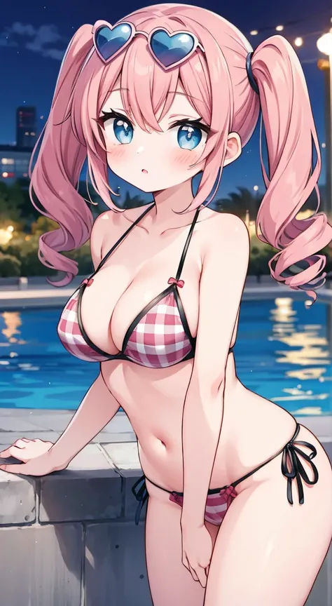 side tie panties,,masterpiece, highest quality, (anime screencap:1.3),(shape), cute,(simple:1), (anime:1.2),Solo Sharp Focus, 1 girl, cleavage,looking at the viewer, nighttime pools,Are standing,,(NSFW:1.2),Colorful bikini,pastel colour bikini,beautiful ha...