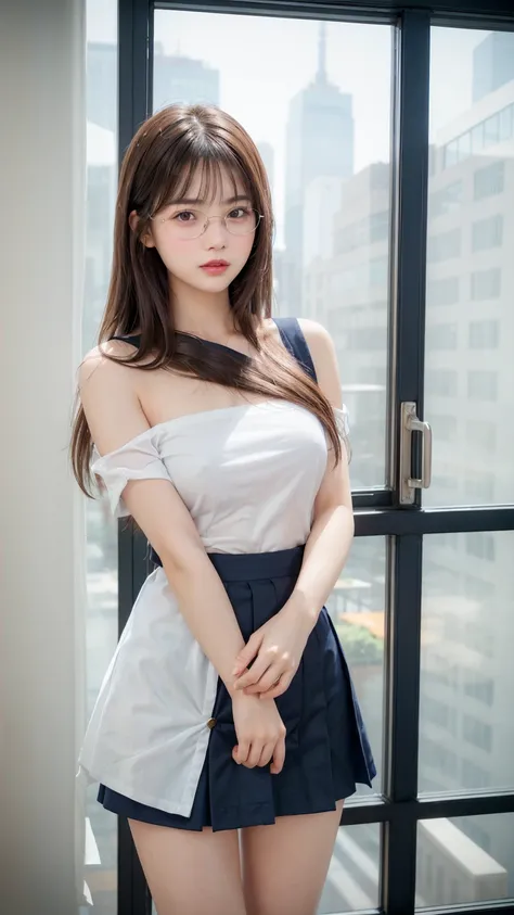 8K, Highest quality, masterpiece, Ultra-high resolution, (Realistic:1.4), whole body、RAW Photos, ((Long brown straight hair, See-through bangs))), Beautiful Details 1 Girl, (Realistic:1.4), High-resolution RAW color photos, Professional photos, Highly deta...