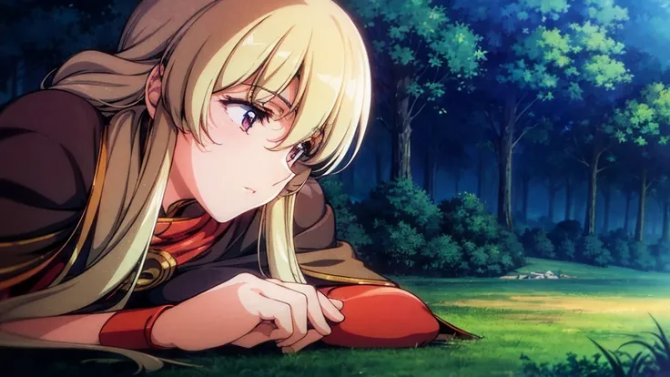 A human female adventurer camping outdoors in a fantasy game world, illustrated in a Japanese anime style. She is lying down around a campfire with her companions, with long, straight blonde hair. She is dressed in a red tunic, black pants, and boots, alon...