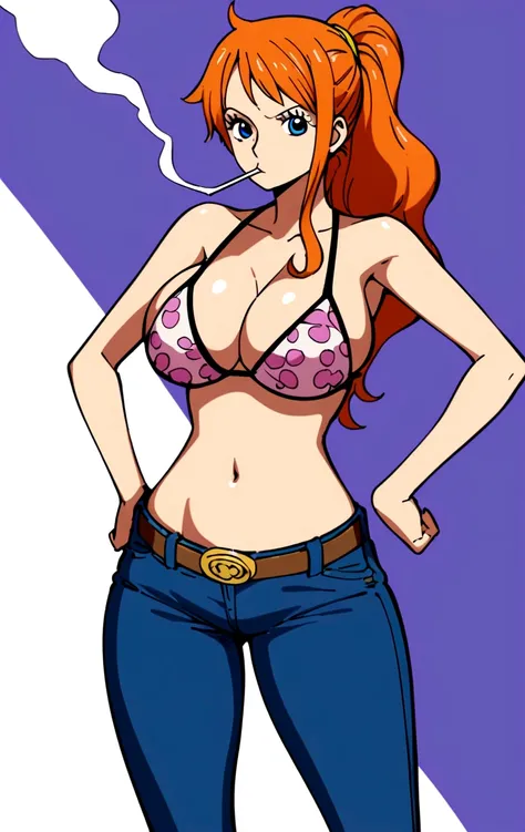 a cartoon picture of a woman in a bikini top and jeans, nami one piece, nami from one piece, nami, beautiful portrait of nami, from one piece, oppai, blue eyes, smoking, ponytail