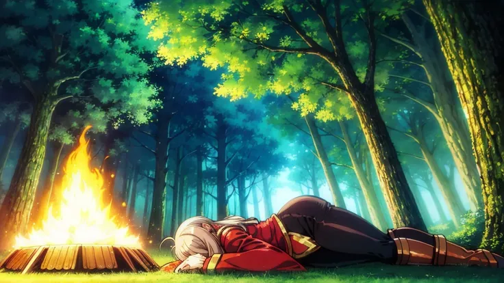 A human female adventurer camping outdoors in a fantasy game world, illustrated in a Japanese anime style. She is lying down around a campfire with her companions, with long, straight blonde hair. She is dressed in a red tunic, black pants, and boots, alon...