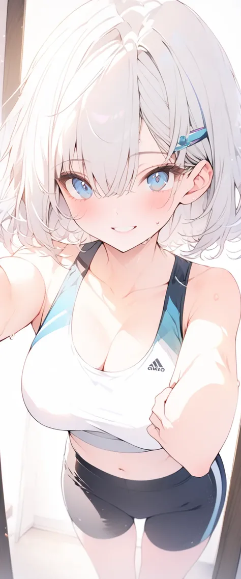 beautiful, masterpiece, Highest quality, anime, One girl, C Cup,Portrait Shot, View your viewers, Covered、Short Hair、nearby、Blue Eyes、art、、White hair,Blue streaked hair、hairpin、Cute smile、Thighs、Cute、Beautiful breasts、Sweat、Sports bra、Sports pants、Through ...