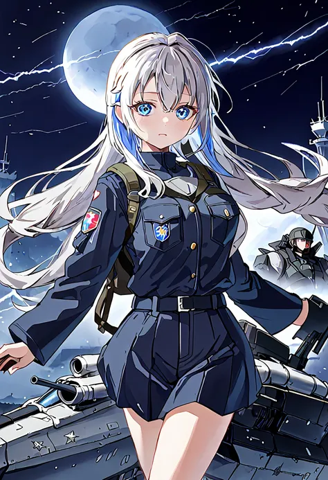 facing forward　girl　military uniforms with a white base and some black　spectacular background　a shooting star is falling　beautif...