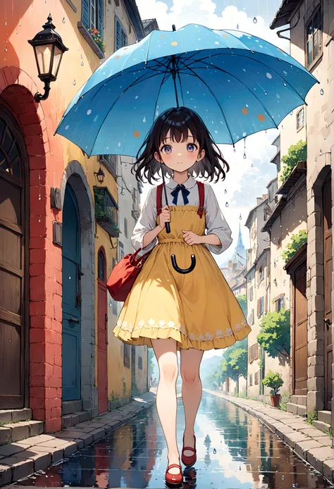 landscape,Street corner on a rainy day, A landscape like something out of a picture book,Emotional, 20yo, Girl is walking,BREAK, (Girl with an umbrella),umbrella,Anatomically correct,BREAK,Create an artistic background,Add a drop pattern to the background,...