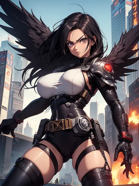 Battle angel alita, motorball, cyberpunk, sexly, big , big dark wings, shes gigantic like godzilla