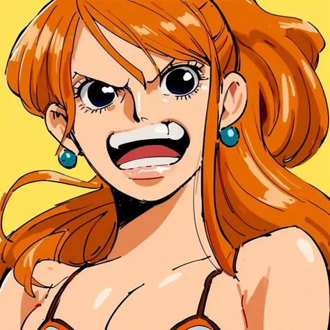 a cartoon picture of a woman in a bikini top and jeans, nami one piece, nami from one piece, nami, beautiful portrait of nami, from one piece, oppai, blue eyes, smoking, ponytail