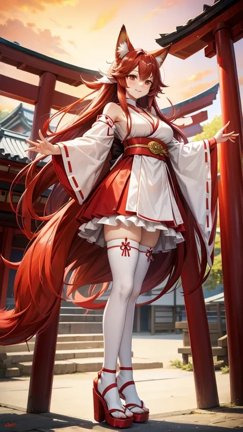 Adult woman with long red hair，Fox ears，Fox tail，Red and white miko costume，cleavage，Big Skirt，White socks，Straw sandals，Standing，Japanese Shrines