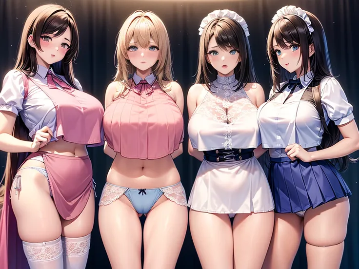 Browsing Caution, masterpiece, Highest quality, Very detailed, Ultra-fine illustrations, 8k CG wallpaper, Great art, (Three women stand side by side:1.4), Perfect Anatomy, (Pussy juice:1.2)), ((mini skirt,Maid uniform, Transparent clothes, Apron skirt)), (...