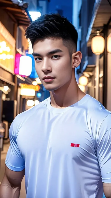 korea male male model, big muscles, handsome, cool, smoothly combed hair, pierced ears, wearing a t-shirt navy top, holding a lollipop, portraiture, modeling, dynamic pose, Japanese street, late at night, store lights trade, full half body shot