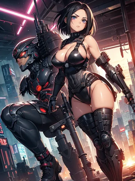 Battle angel alita, motorball, cyberpunk, sexy, big boobs, big dark wings, shes gigantic like godzilla near neo Tokyo 