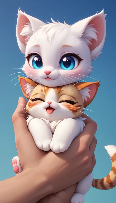 A tiny, cute kitten with white whiskers and bright eyes,The kitten and a  hugging, showing a moment of affection and friendship