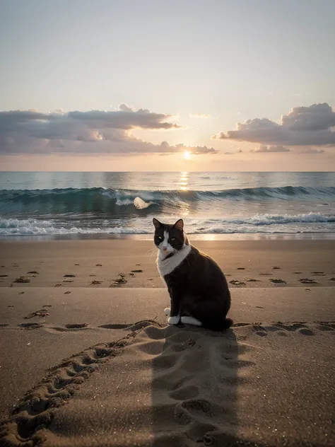 Cat looking at sea on the beach during the early morning