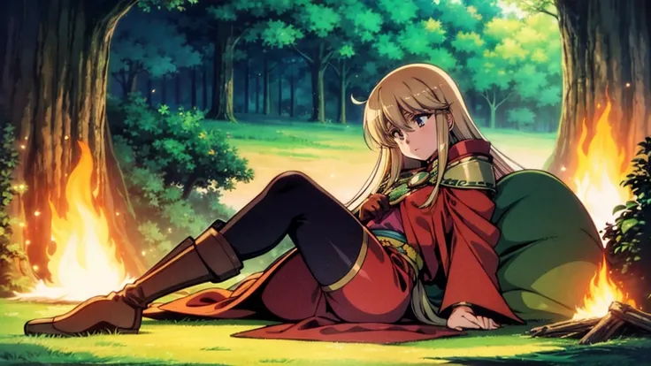 A human female adventurer camping outdoors in a fantasy game world, illustrated in a Japanese anime style. She is lying down around a campfire with her companions, with long, straight blonde hair. She is dressed in a red tunic, black pants, and boots, alon...