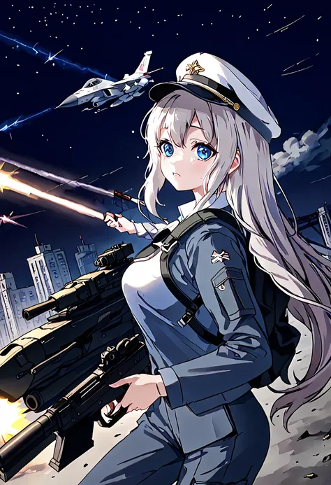 facing forward　girl　military uniforms with a white base and some black　spectacular background　a shooting star is falling　beautif...