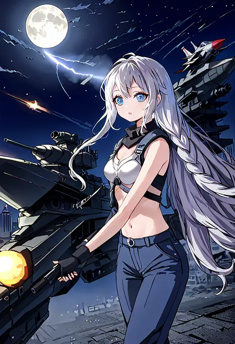 facing forward　girl　military uniforms with a white base and some black　spectacular background　a shooting star is falling　beautif...