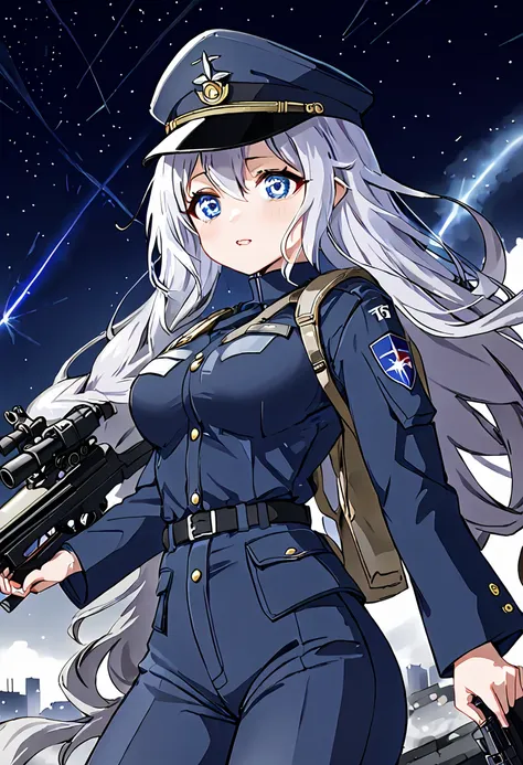 facing forward　girl　military uniforms with a white base and some black　spectacular background　a shooting star is falling　beautif...