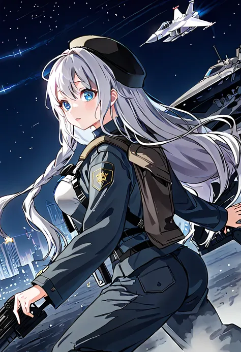 facing forward　girl　military uniforms with a white base and some black　spectacular background　a shooting star is falling　beautif...