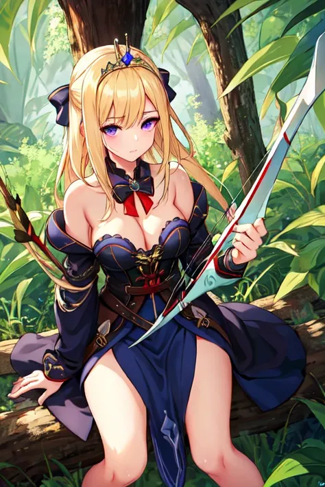 Photo of woman, hair blonde, longye hair, tied up hair, tiara on head, violet eyes, knight outfit, bow and arrow in hand, Black clothing with white details, HD, garota jovem, neckline in clothes, ashamed, sitting on top of a tree.