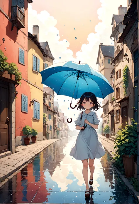 landscape,Street corner on a rainy day, A landscape like something out of a picture book,Emotional, 20yo, Girl is walking,BREAK, (Girl with an umbrella),umbrella,Anatomically correct,BREAK,Create an artistic background,Add a drop pattern to the background,...