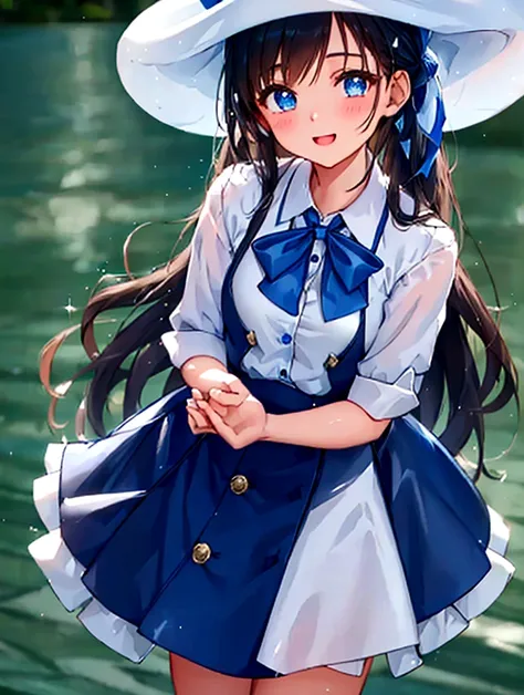  She&#39;s dressed, White hat with a blue ribbon, White shirt, Blue Collar, Red scarf and blue skirt.  Shine; Sparkling