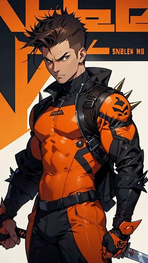 Adult Male, sword wielder, wearing an orange and black accented bodysuit, brown spiky quiff hairstyle, serious, comic design, cool pose, British 