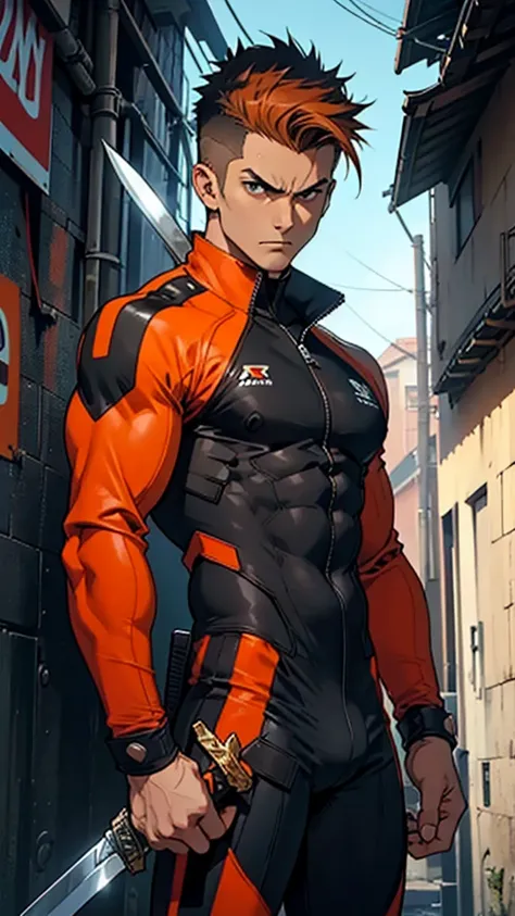 Adult Male, sword wielder, wearing an orange and black accented bodysuit, brown spiky quiff hairstyle, serious, comic design, cool pose, British 