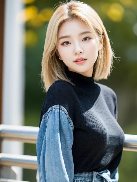 Kwon Eun-bi is a young Korean woman in her 28s. Her hair is short at shoulder in a blonde colors. 
Her face is slightly shorter than it is long, which carry a warm , expressive face. Her skin is radiant and clear, presenting an impeccable state of health a...