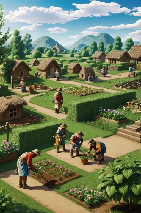 Sad villagers doing their gardening work in prehistory 
