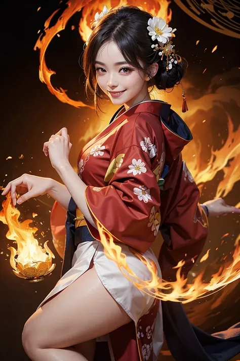 A beautiful smiling woman in a kimono dancing with fire in her hands, manipulating the flames with a magic circle and a blazing flame in the background