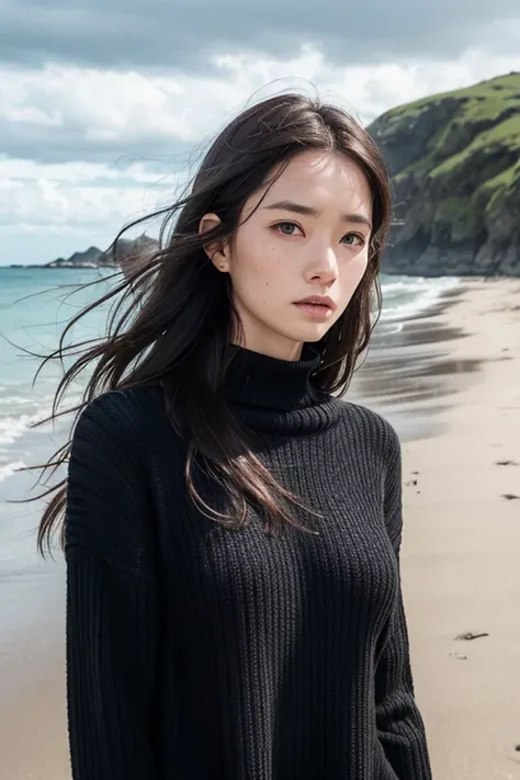 Scandinavian woman, wind blowing, beach, long hair, cool expression, 38 years old, looking left, filming, cloudy sky, black knitted clothing, black hair, freckles