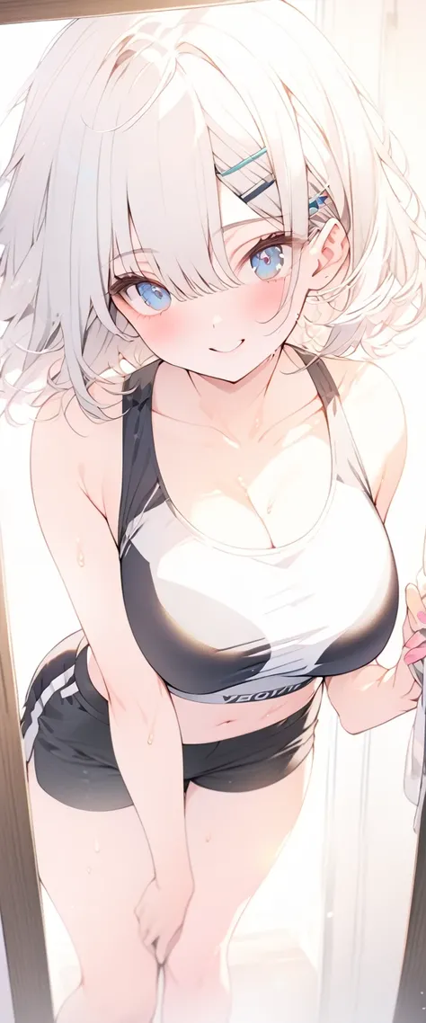 beautiful, masterpiece, Highest quality, anime, One girl, C Cup,Portrait Shot, View your viewers, Covered、Short Hair、nearby、Blue Eyes、art、、White hair,Blue streaked hair、hairpin、Cute smile、Thighs、Cute、Beautiful breasts、Sweat、Sports bra、Shorts、Through the mi...