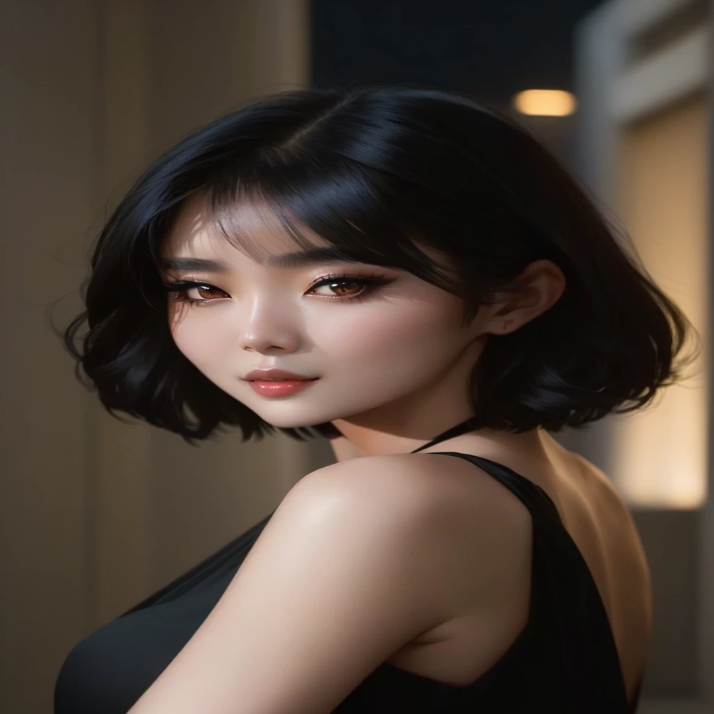 Close-up shot of a woman in a black dress，She is posing for a picture, short hair, black hime cut hair, Beautiful Korean woman, Lee Ji-eun plays the super villain, Young cute pale Asian face, Cute Korean actress, Young and cute Korean face, Korean Girl, Wh...