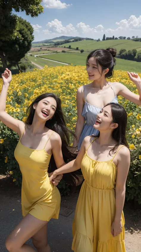 Ancient Roman landscape in the style of Nicolas Poussin,laughter,,Sweet and seductive appearance.、Caravaggios paintings、Chiaroscuro of Caravaggio、hair tousled by the wind,Two women frolicking,cute smile, expression of ecstasy,yellow strappy summer dress