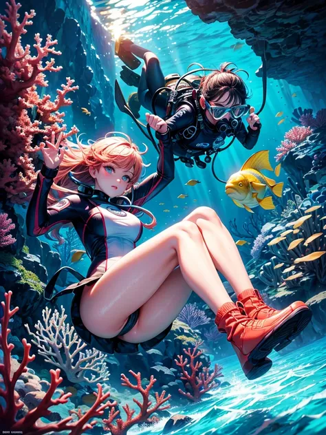 Highest quality,Highest Resolution,Beautiful girl scuba diving in the deep sea,High leg,Beautiful coral,