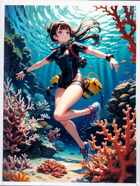 Highest quality,Highest Resolution,Beautiful girl scuba diving in the deep sea,High leg,Beautiful coral,