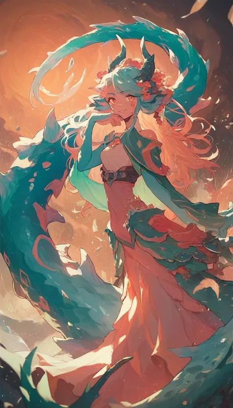 Best quality, Super detailed illustration, Warm colors, perfect lighting, perfect detail ,Cute sea monster girl
