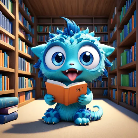 A cute library monster with big eyes and long tongue, happily reading books in the quiet library. The cartoon character is designed in the style of Pixar animation studio, created using C4D software. It has an adorable blue and white color scheme and showc...