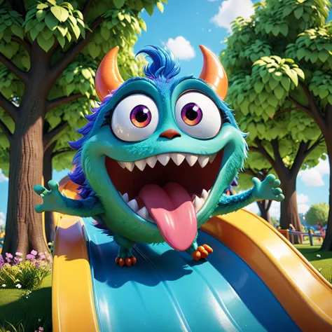 A cute park monster with big eyes and long tongue, joyfully playing on a slide in the park. The cartoon character is designed in the style of Pixar animation studio, created using C4D software. It has a colorful and vibrant color scheme and showcases an ex...