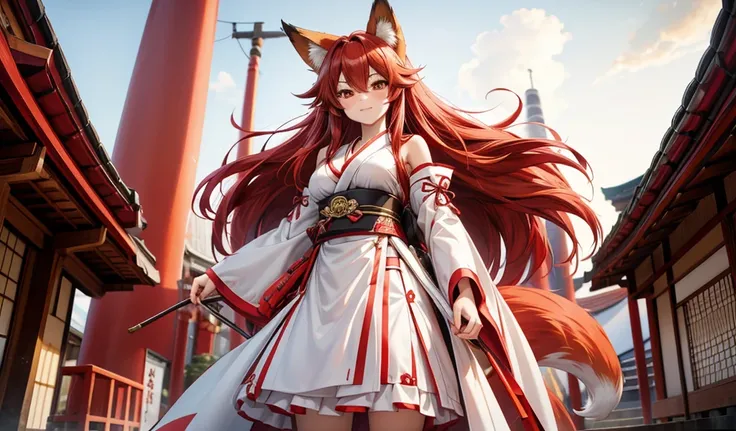 Adult woman with long red hair，Fox ears，Fox tail，Red and white miko costume，cleavage，skirt，Standing，Japanese Shrines