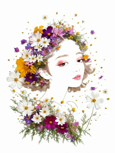 Fall Leaf Crafts, Girl made of flowers, Cosmos、Portraiture, White Background、