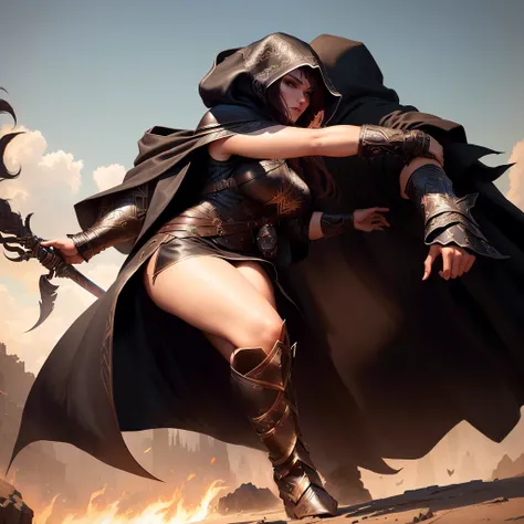 arafed woman in a black outfit with a hood, wojtek fus, warrior outfit, beautiful female assassin, flowing robes and leather armor, beautiful female warrior, fantasy leather clothing, female assassin, alena aenami and artgerm, female warrior, fantasy style...