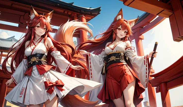 Adult woman with long red hair，Fox ears，Fox tail，Red and white miko costume，cleavage，Long skirt，Bare legs，Standing，Japanese Shrines